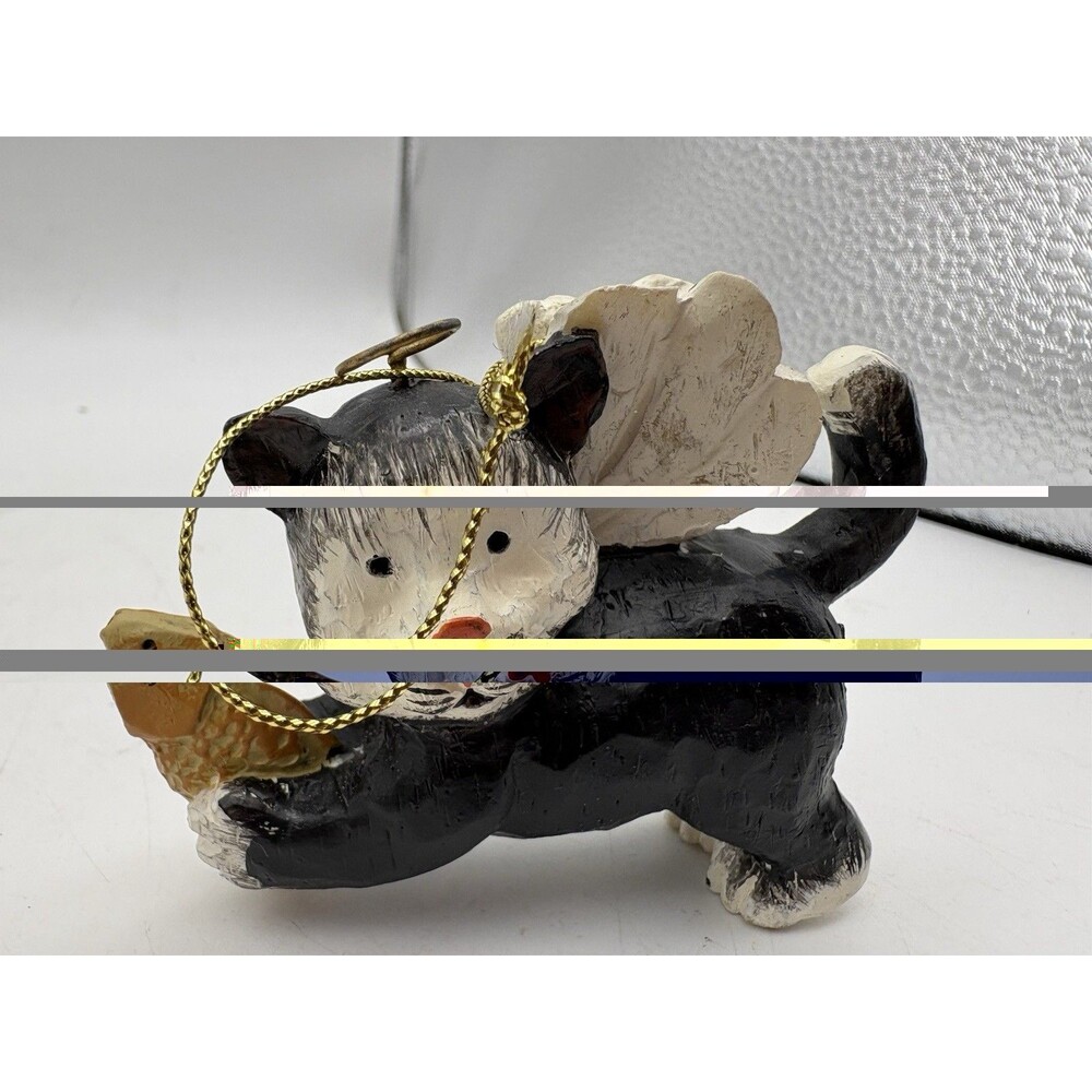 Black White Cat Angel Holding Fish Christmas Ornament Gold Cord
